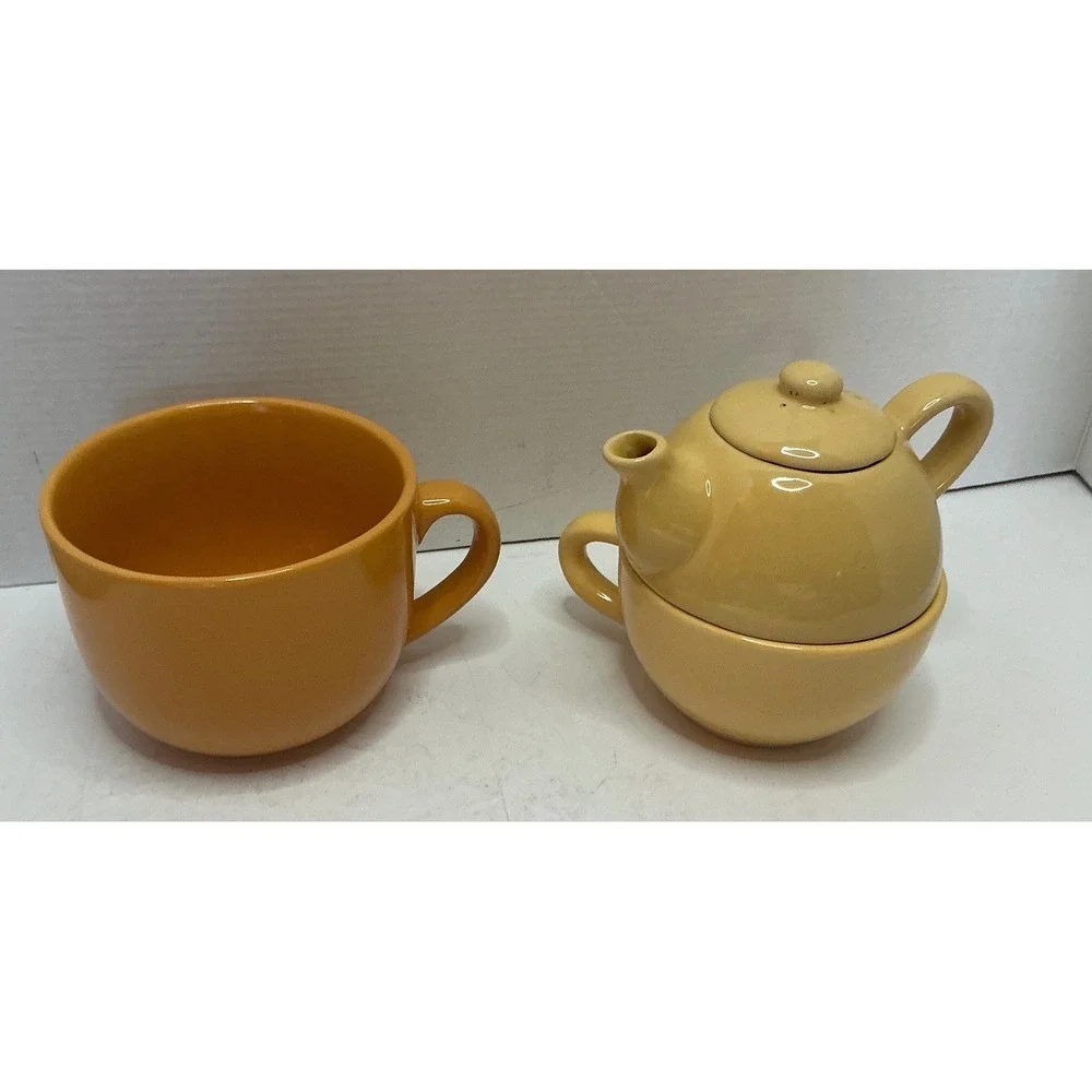 Pier 1 Vintage Tea For One Stacking Teapot and Cafe Au Lait Mug Set Yellow Organ